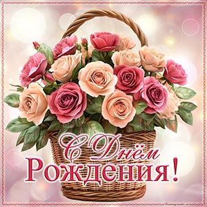 Открытка с шикарными цветами в корзине на день рождения