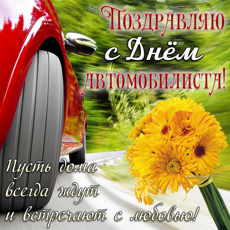 Открытка - поздравляю с Днём автомобилиста, цветы на фоне машины