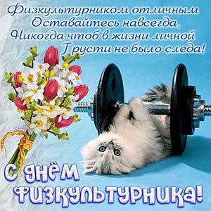 Котик со штангой и цветами на День физкультурника