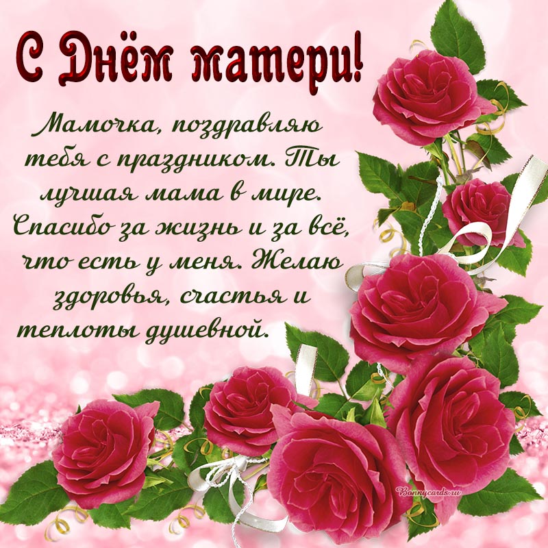 Открытка на День матери - поздравление для мамочки с праздником и красные цветы