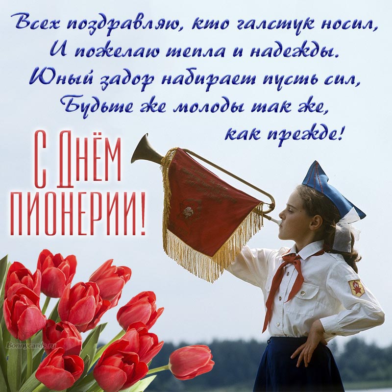 Открытка - пожелание в стихах на День пионерии на фоне тюльпанов