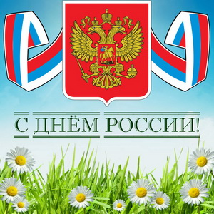 Герб России над ромашковым полем