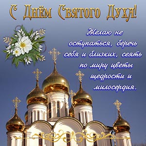 Милое поздравление на День Духа на фоне собора и цветов