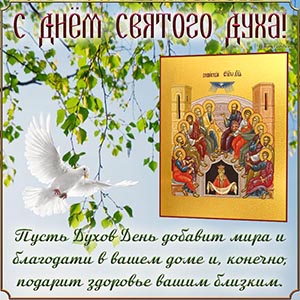 Красивая открытка с белым голубем и иконой на День Духа