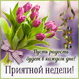 Шикарная открытка приятной недели с тюльпанами и бантом