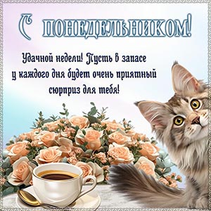 Котик, кофе и фраза - с понедельником, удачной недели