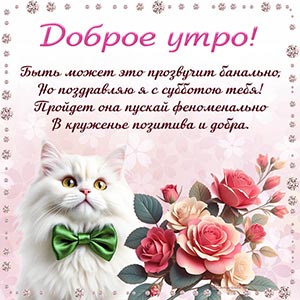 Белый кот с бабочкой и пожелание в стихах на субботу