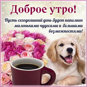 Превосходная картинка доброе утро с собакой и кофе