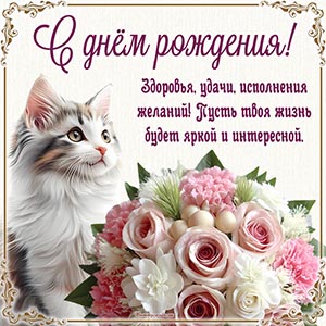 Очаровательная открытка с котом и букетом для девочки