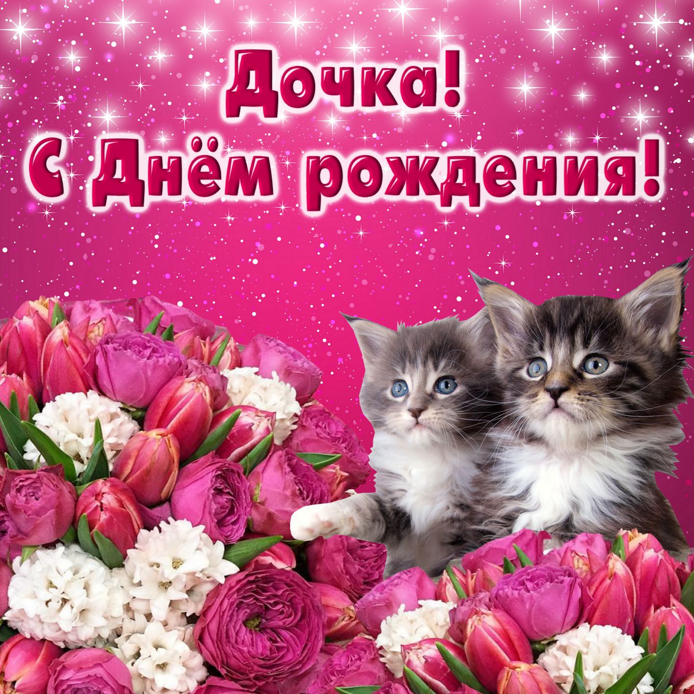 Открытка на День рождения дочери - забавные котята на сияющем фоне с цветами