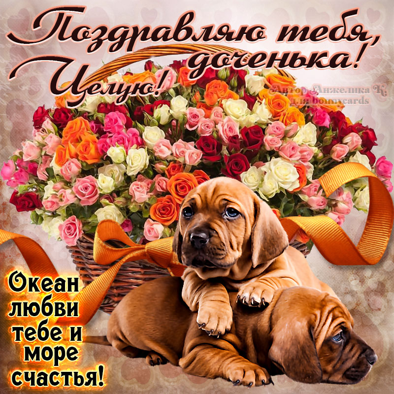 Открытка на День рождения - поздравление доченьке с собачками и цветами