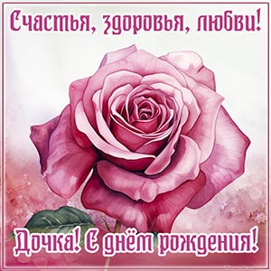 Роза и душевное поздравление на розовом фоне дочери