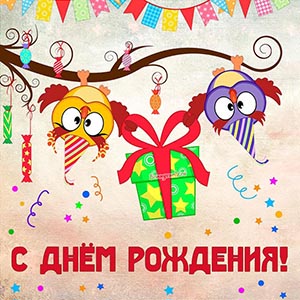 Весёлая открытка с Днём рождения с совами и подарком