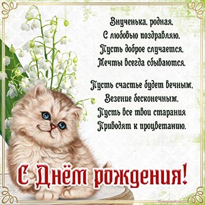 Супер картинка с котом, стихами и ландышами внученьке