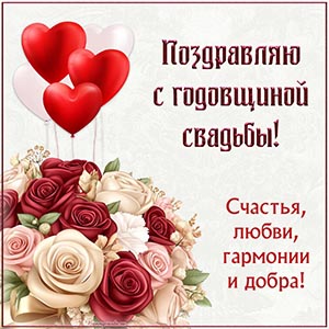 Шарики, букет и текст - поздравляю с годовщиной свадьбы
