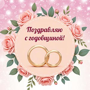 Цветы, кольца и надпись - поздравляю с годовщиной