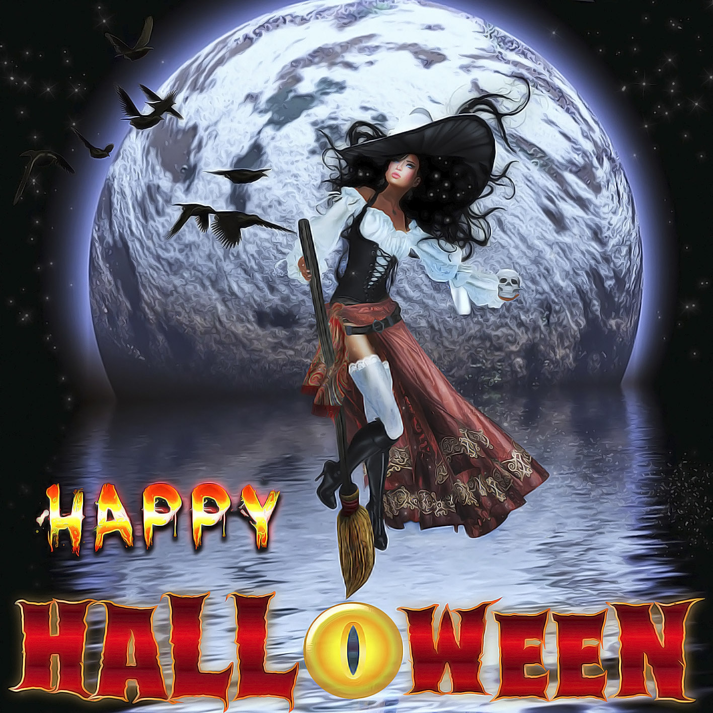 Открытка на Хэллоуин - ведьма на метле на фоне луны