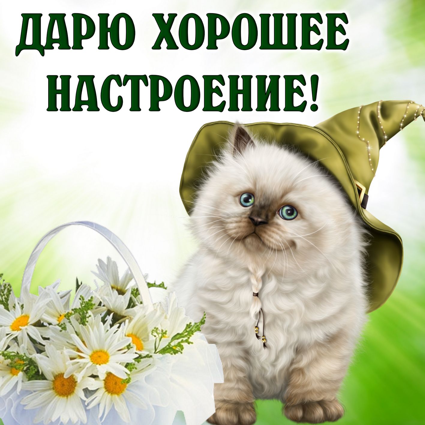 Картинка хорошего настроения с пушистым котиком в шляпе