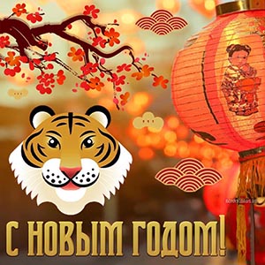 Картинка с Китайским Новым годом с фонариком и тигром