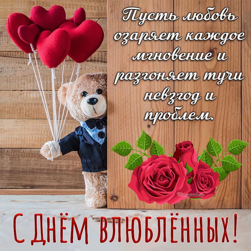 Открытка - пожелание на День влюбленных с медведем и розами