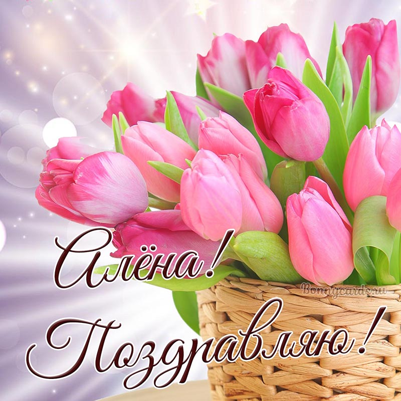 Милая открытка с поздравлением и тюльпанами Алёне