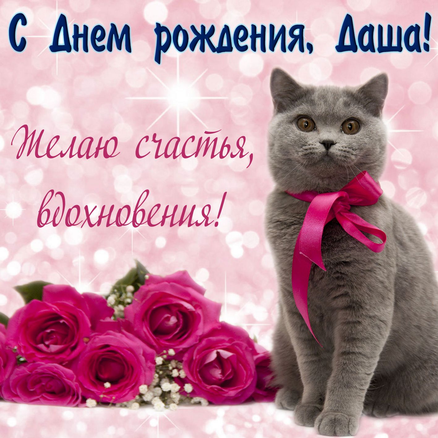Открытка на День рождения Даше - милый серый котик с розовым бантом