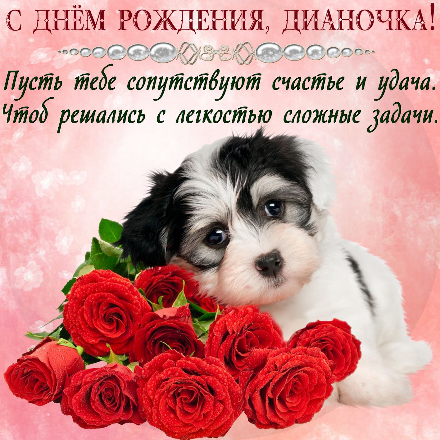 Открытка с Днем рождения - милый пёсик с красными розами для Дианочки