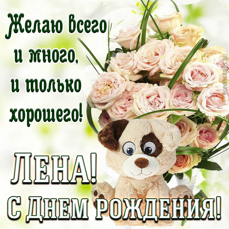Картинка на День рождения Лене с милым пёсиком и розами
