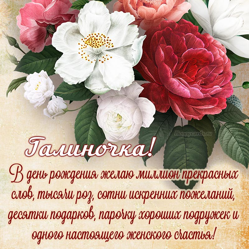 Открытка на день рождения - Галиночка, желаю миллион прекрасных слов и тысячи роз