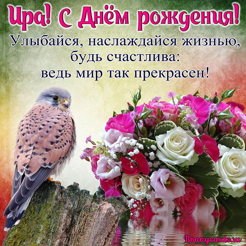 Картинка с птичкой и цветочками Ире на День рождения