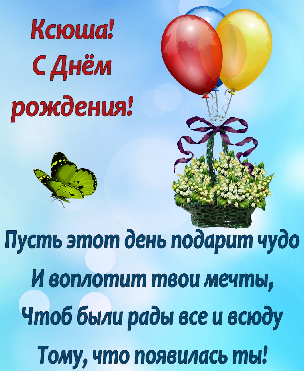 Открытка на День рождения Ксении - корзина цветов с воздушными шарами