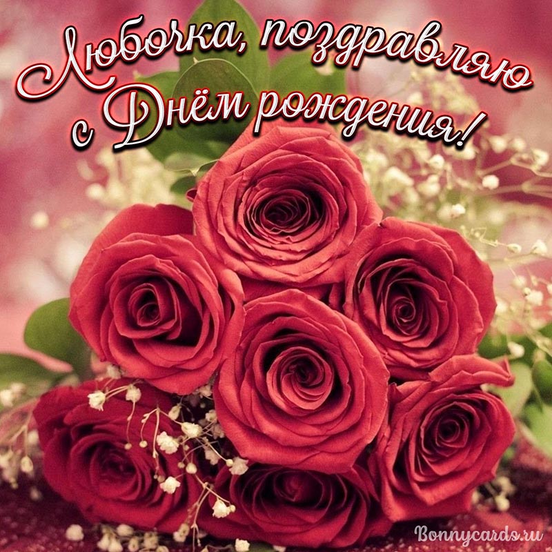 Открытка - красивое поздравление с крупными розами Любочке