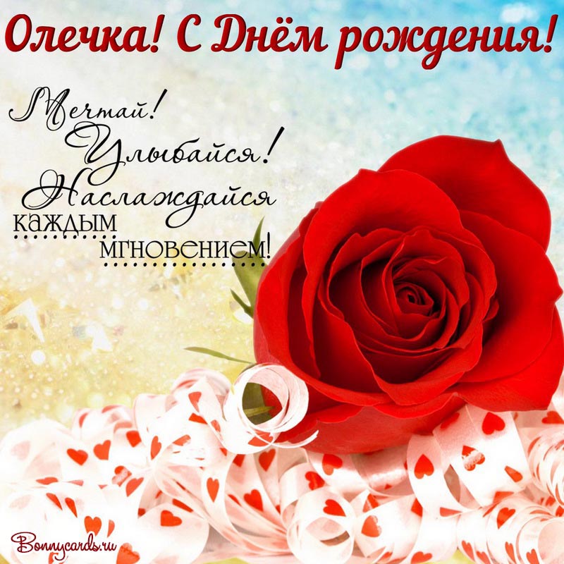 Открытка с розой и милым пожеланием Олечке на День рождения