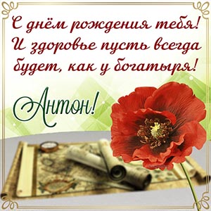 Душевное поздравление Антону на фоне карт и цветка
