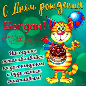 Забавная картинка Богдану на День рождения с весёлым котом