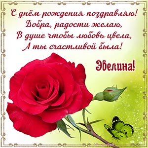 Открытка с розочкой и стихами Эвелине на день рождения