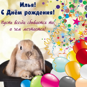 Картинка с забавным кроликом на День рождения Илье