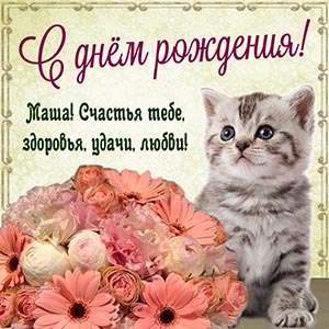 Очаровательная открытка с котёнком и букетиком Маше