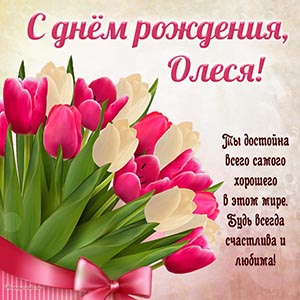 Супер открытка с красивыми тюльпанами и бантом Олесе