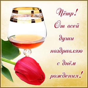 Открытка с коньяком и тюльпаном Петру на день рождения