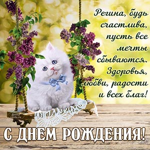 Электронная открытка с забавным котом и сиренью Регине