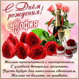 Картинка с розами и шампанским на День рождения Софии