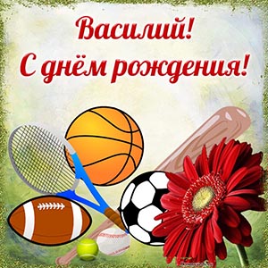 Спортивный инвентарь и текст - Василий, с днём рождения