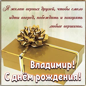 Подарок с бантом и пожелание верных друзей Владимиру