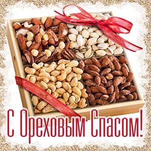 Прелестная открытка с орехами и бантом на Ореховый Спас