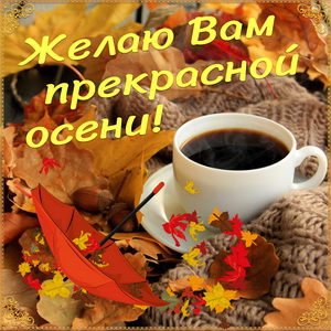 Картинка с чашкой кофе среди осенних листьев