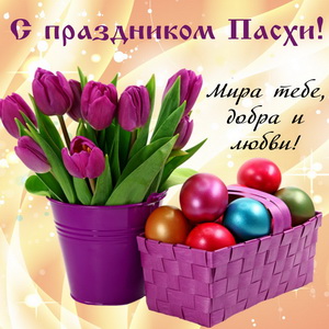 Разноцветные яйца и букет тюльпанов