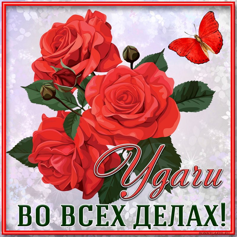 Открытка с розами и пожеланием удачи во всех делах