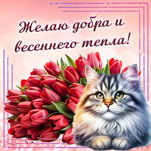 Кот, тюльпаны и текст - желаю добра и весеннего тепла