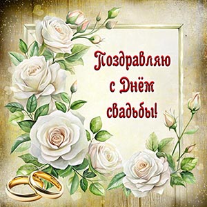 Кольца, белые цветы и фраза - поздравляю с Днём свадьбы